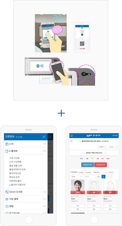 전자출결 위치기반 출결인증 비콘 장비와 출결인증 단말기를 사용하는 모습 + e-출석부 모바일 앱 화면