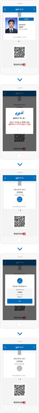 e-출석부 출석 인증 요청 과정 1. 중앙대학교 e-ID(모바일학생증) 앱 로그인 2.블루투스 켜는 중 종료 시 X버튼 or 백버튼 사용 (블루투스가 꺼지지 않을 수 있음) 3. 2016-09-07 1교시 건강한 삶 602호 <강의실> 출석요청 4. 출석완료 정상 출석 처리되었습니다. 확인 5. 2016-09-07 1교시 건강한 삶 602호 <강의실> 출석완료 모바일 사이즈 사진